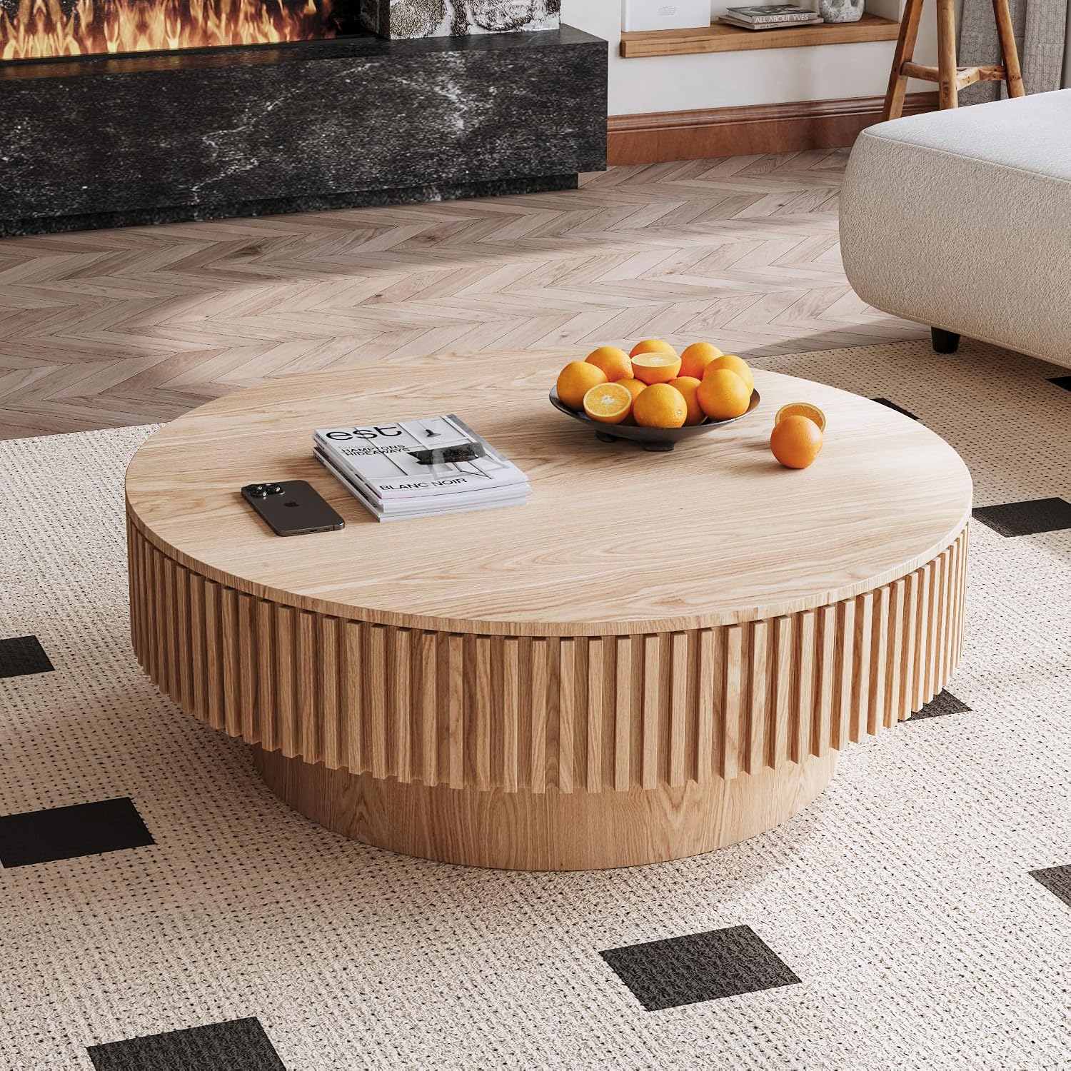 39.37' Round Coffee Table with Storage for Living Room Wood Coffee Table Contemporary Circle Center Table for Apartment, Easy Assembly, Oak