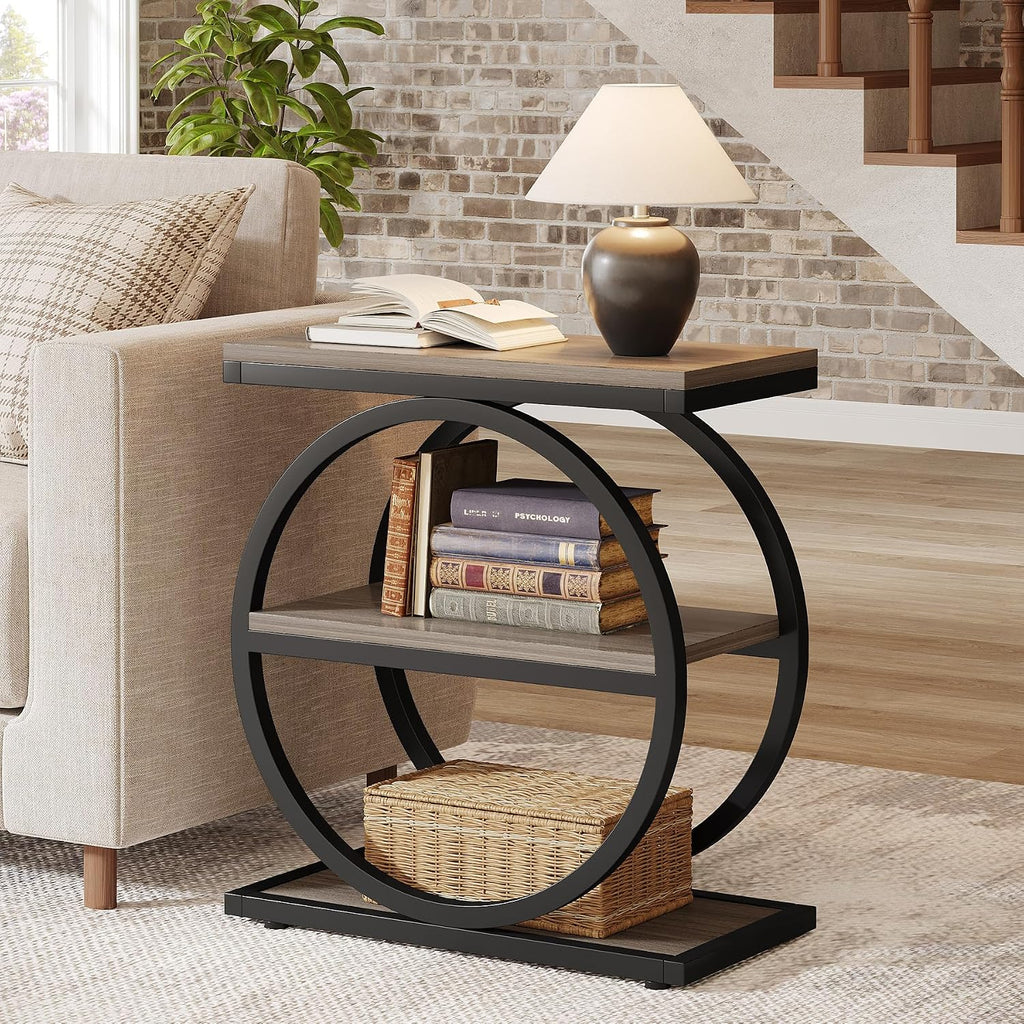 Tribesigns End Table Set of 2, Narrow End Table with 3 Storage Shelves, Wooden Side Table with Metal Frame, Small Sofa Side Table for Living Room, Grey Nightstand and Bedside Table for Bedroom