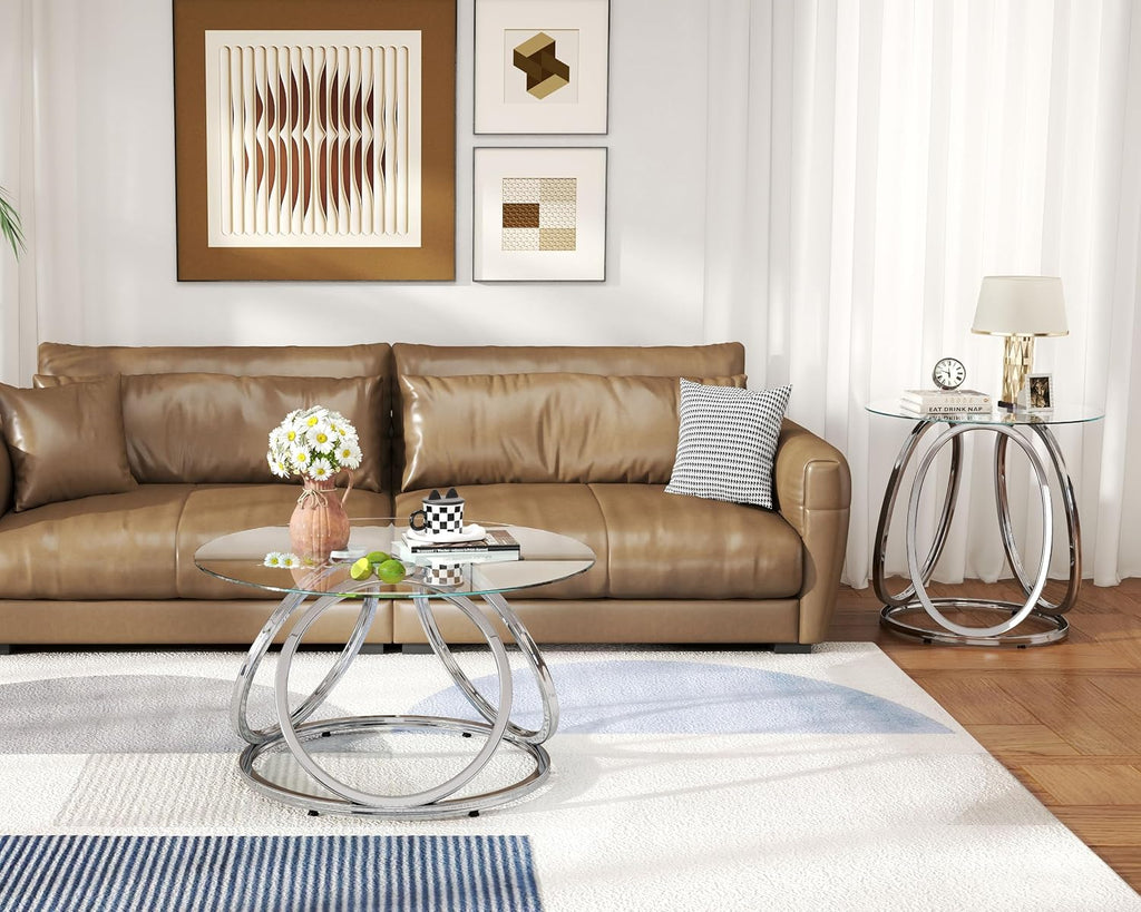O&K FURNITURE Silver Coffee Table, Modern Glass Coffee Table Living Room Table with Ring-Shaped Frames, Glass Coffee Table for Home&Office, Chrome Finish, 1 PC | Modern