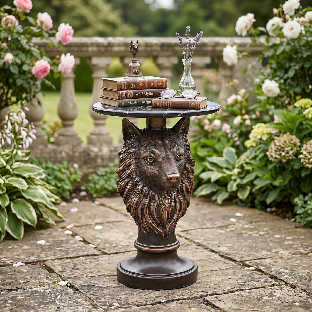 Wolf Head Sculptural Side Table with Faux Marble Top, 17.71' Round Resin Animal End Table, 25.2' H Unique Wolf Statue Decor for Living Room & Office, Gothic Housewarming Gift