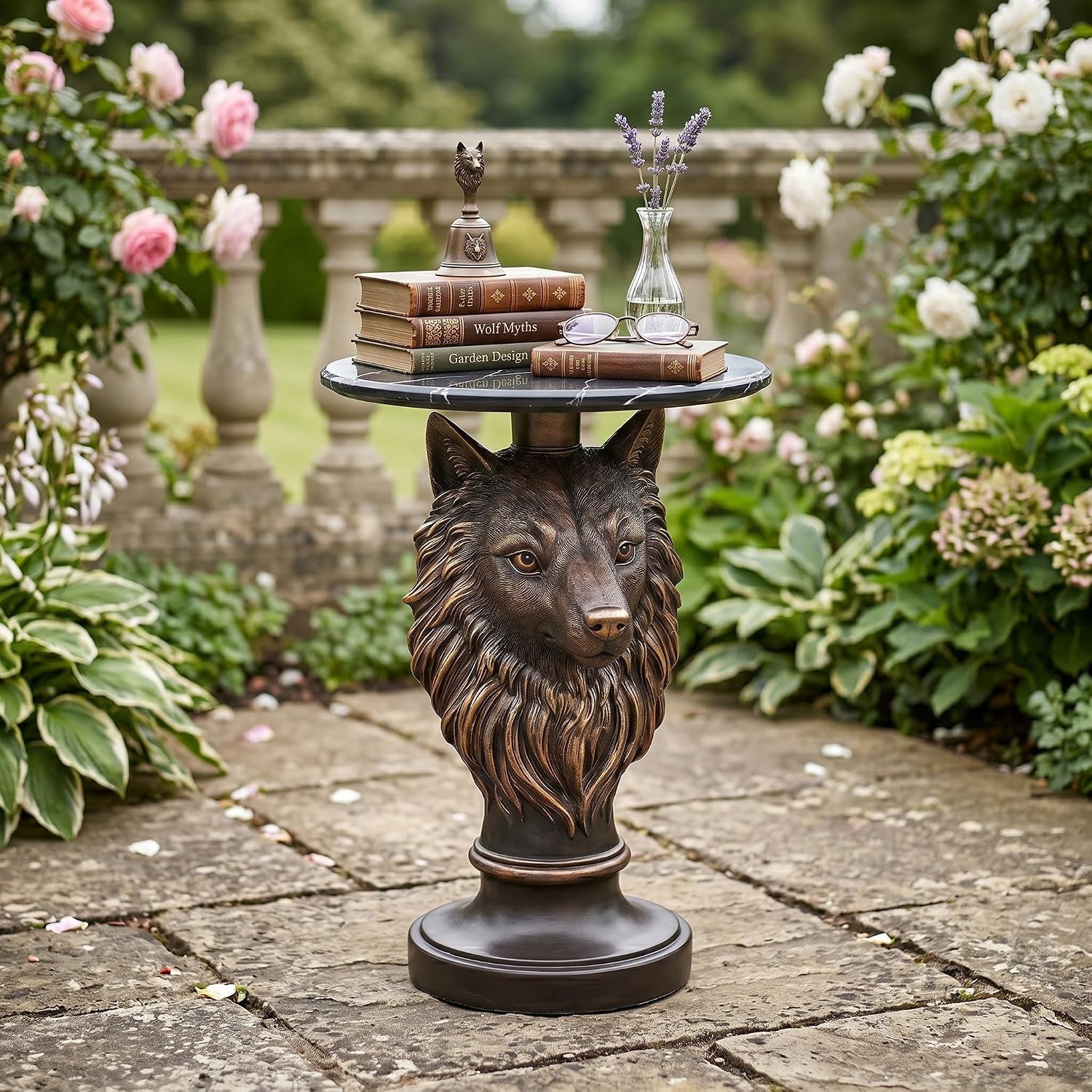 Wolf Head Sculptural Side Table with Faux Marble Top, 17.71' Round Resin Animal End Table, 25.2' H Unique Wolf Statue Decor for Living Room & Office, Gothic Housewarming Gift