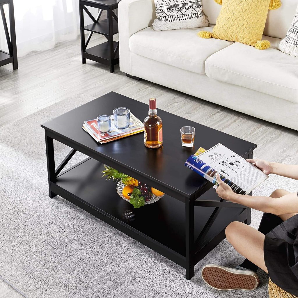 Yaheetech Wood Living Room 3-Piece Table Sets - Includes X-Design Coffee Table & Two 3-Tier End Side Tables, Easy Assembly Home Accent Furniture, Black