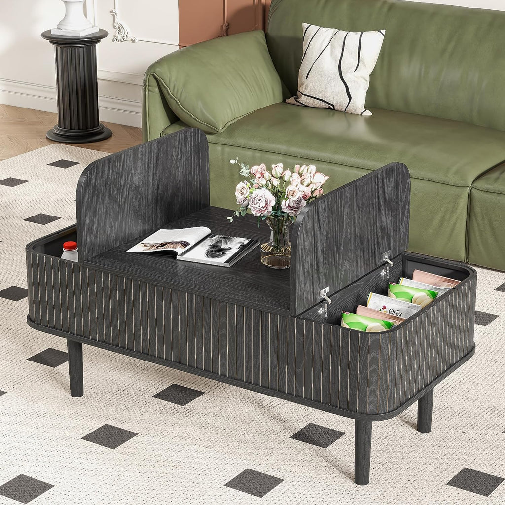 Fluted Lift Top Coffee Table with Storage, Mid Century Modern Coffee Table for Living Room, Home Small Space,39.4' Fluted Center Table (Rectangle-Black, 39.4inch)