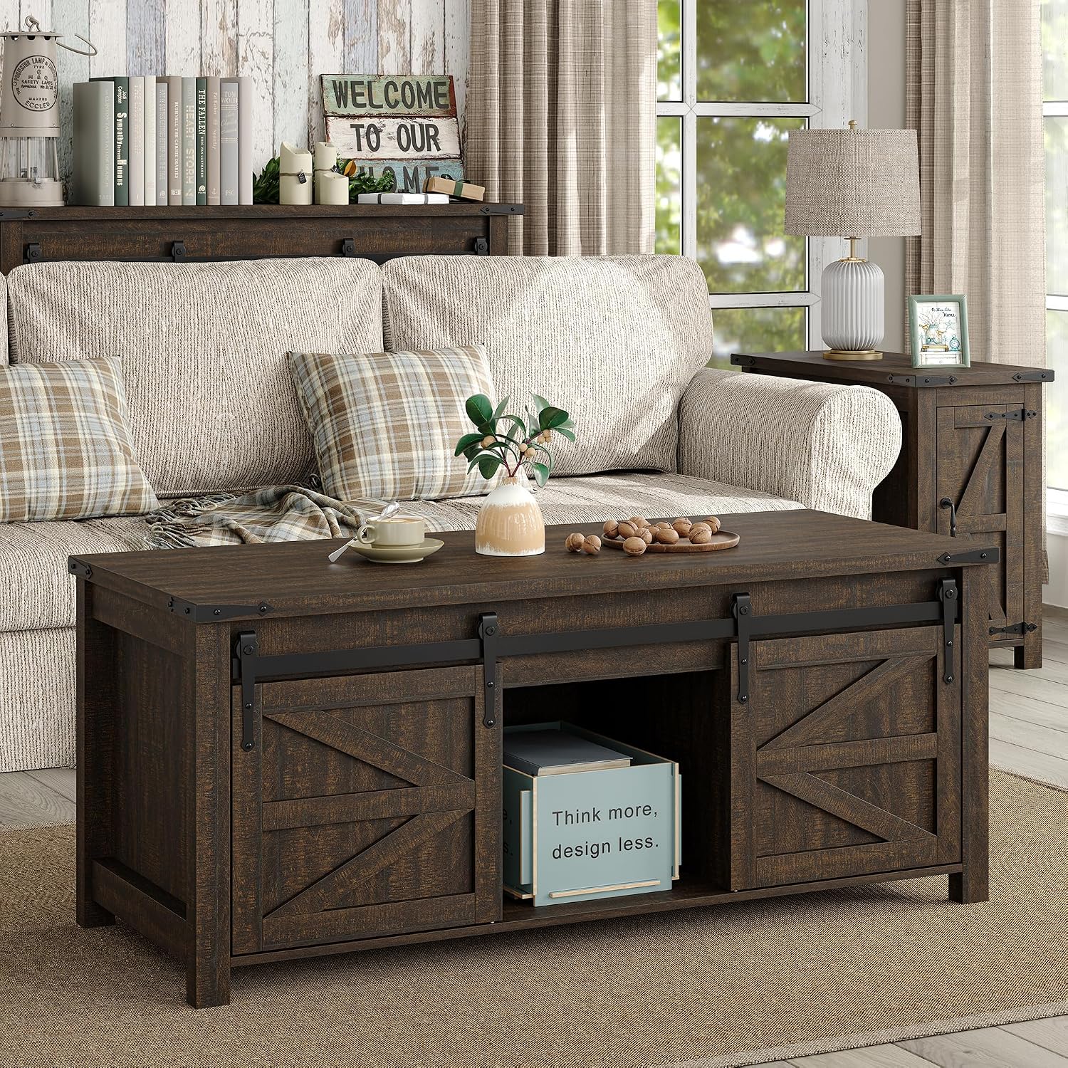 Furnihold 47.3'' Lift Top Coffee Table Rectangle Farmhouse Coffee Table with Storage Rustic Center Table with Sliding Barn Doors for Living Room, Home, Dark Brown