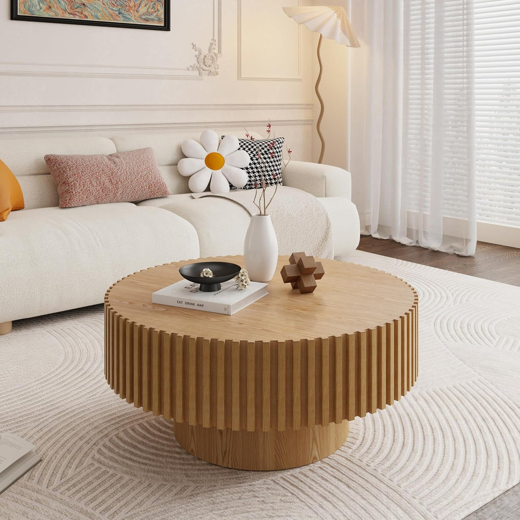 31.49' Round Coffee Table Wood, Modern Drum Fluted Oak Coffee Table for Living Room, Contemporary Minimalist Low Circle Center Table Side Table for Apartment, Farmhouse, Office Natural Ash