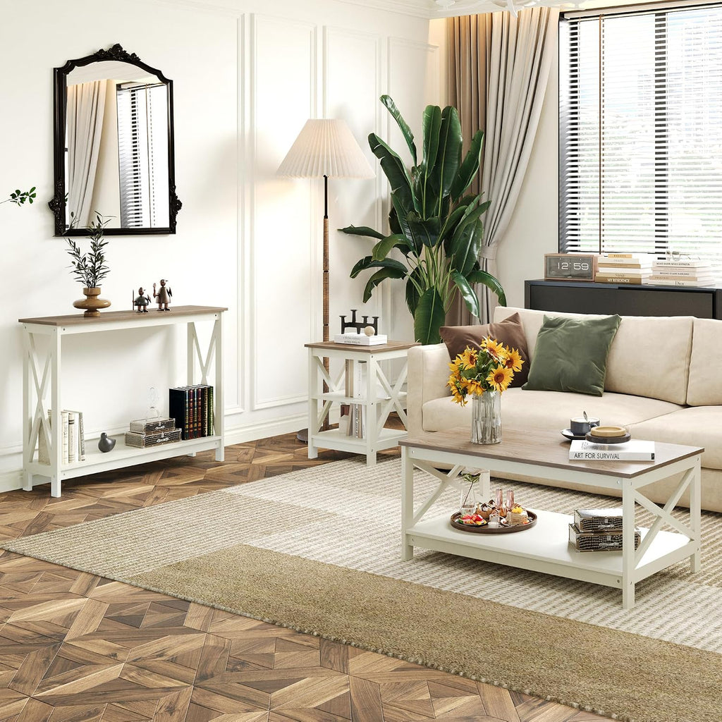 Sophia & William Farmhouse Coffee Table with Storage Shelf for Living Room, Ivory