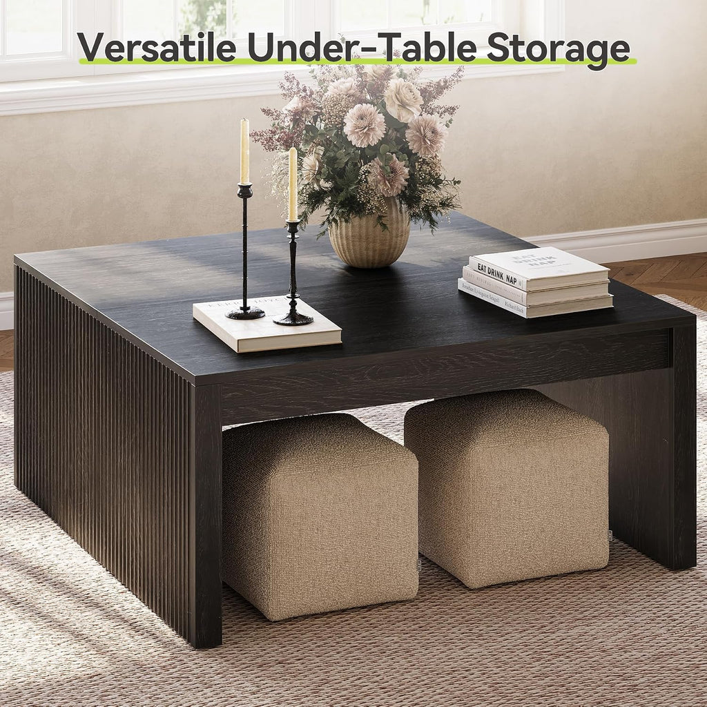 LITTLE TREE Square Coffee Table, 39.4-Inch Fluted Coffee Tables, Mid-Century Modern Center Cocktail Table for Living Room Bedroom, Easy Assembly, Black
