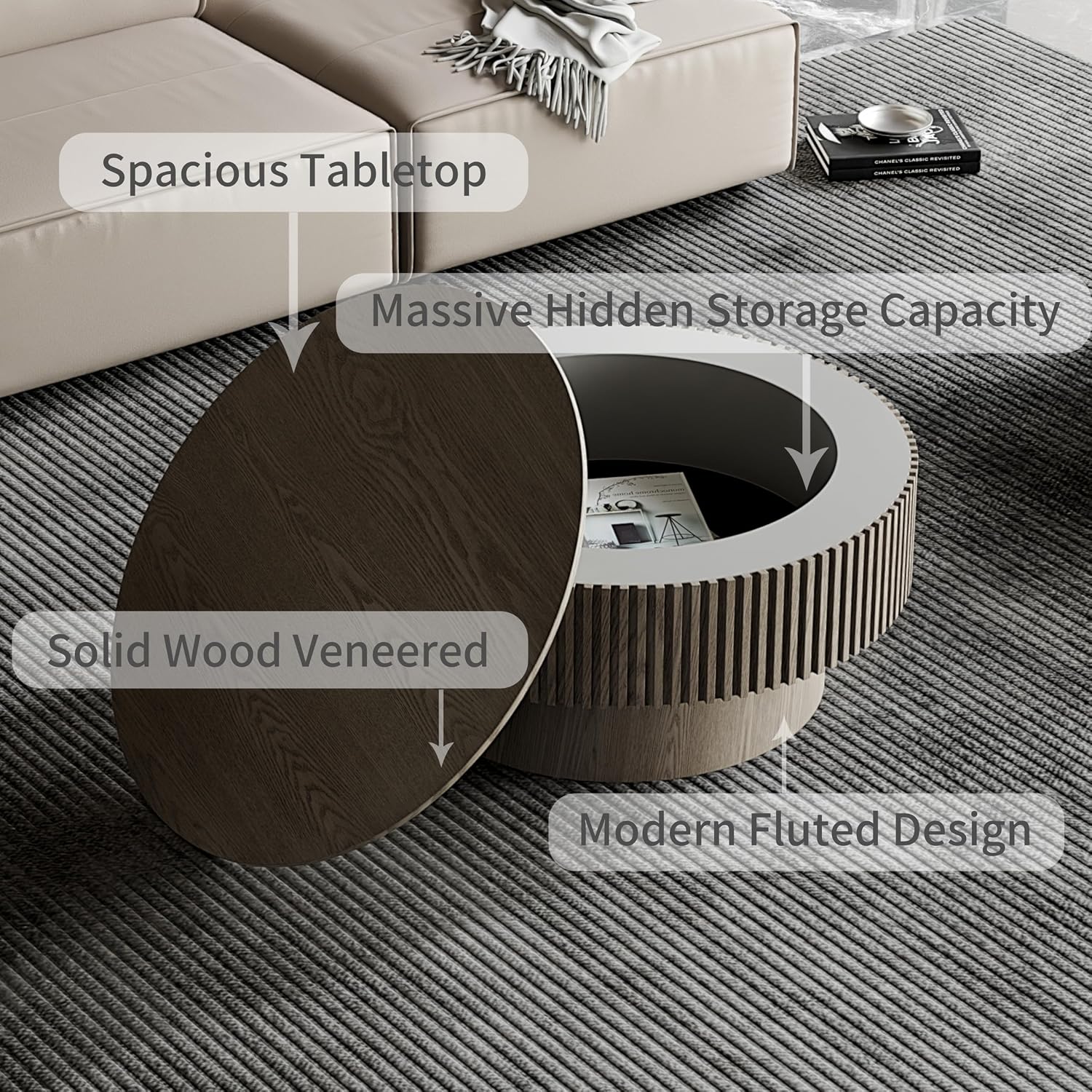 31.5'' Round Coffee Table with Storage, Modern Luxury Circle Drum Center Tables with Solid Wood Veneered, Accent Side Coffee Table for Living Room, Bedroom, Apartment-Grey