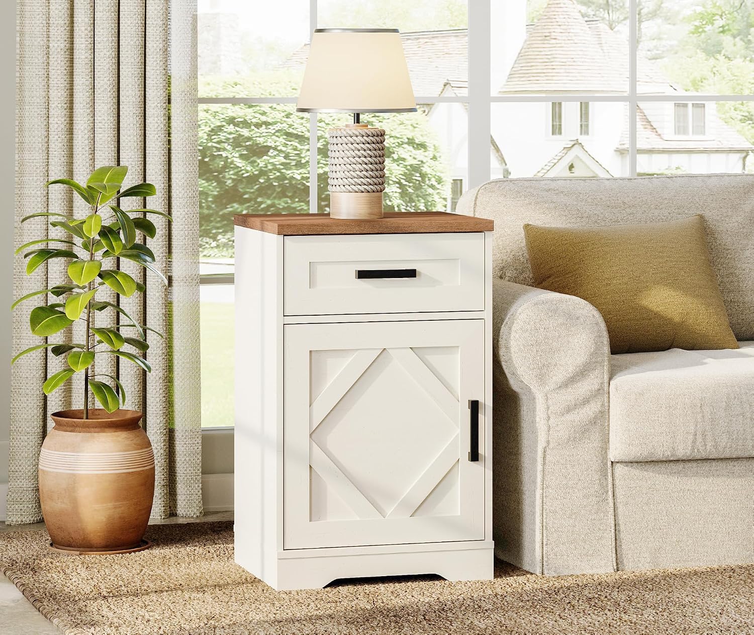 WAMPAT End Table with 1 Drawer & Barn Door, Farmhouse Large Sofa Side Table, Modern 31.9 inch Tall Nightstand with Adjustable Storage Shelf, Accent Cabinet for Living Room, Antique White