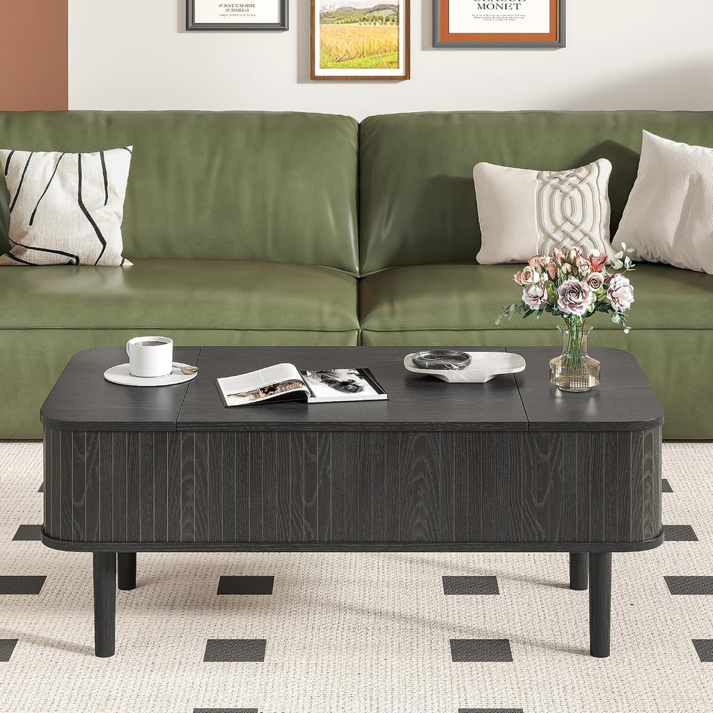 Fluted Lift Top Coffee Table with Storage, Mid Century Modern Coffee Table for Living Room, Home Small Space,39.4' Fluted Center Table (Rectangle-Black, 39.4inch)