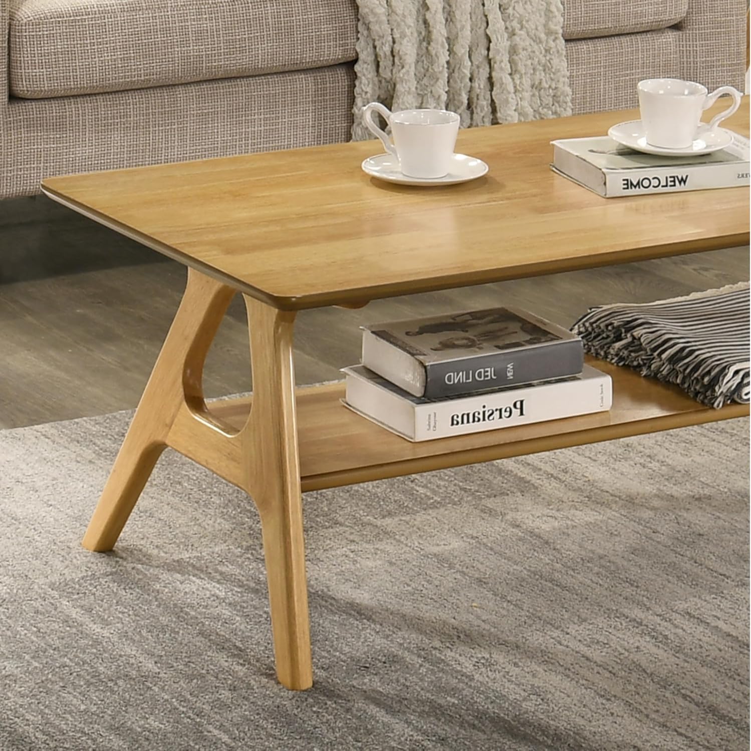 Roundhill Furniture Arona Mid-Century Modern Wood Shelf Coffee Table, Natural Oak Finish