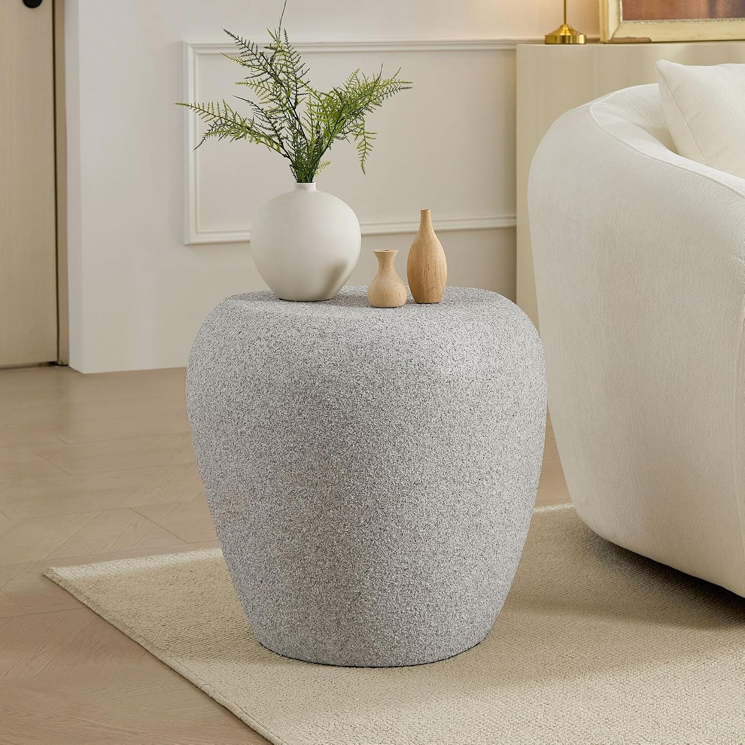 Nesting Coffee Tables Set of 2, Oval Faux Stone Coffee Table with Side Table, Modern Fiberglass Center Table & Accent Side Table Set for Living Room Apartment Office, No Need Assembly, Beige