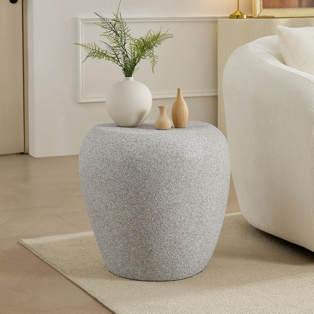 Modern Side Table for Living Room, Irregular Faux Stone Bedside Table Drum End Table Durable Accent Tables for Small Space, No Need Assembly, Beige