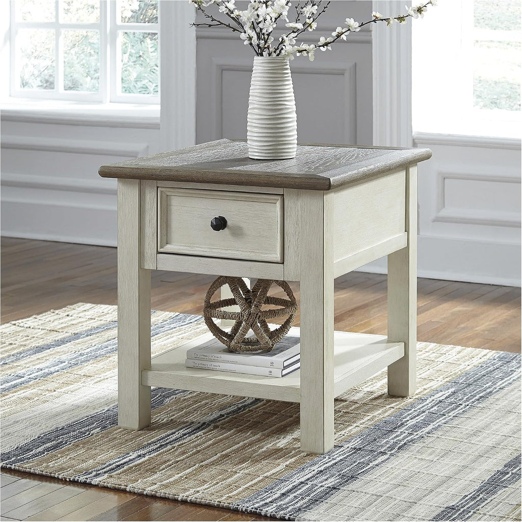 Signature Design by Ashley Bolanburg End Table for Living Room, Two-Tone Distressed Wood Side Table with Smooth-Gliding Drawer, Farmhouse Plank-Style Top, Ideal Night Stand Use, Antique White/Oak