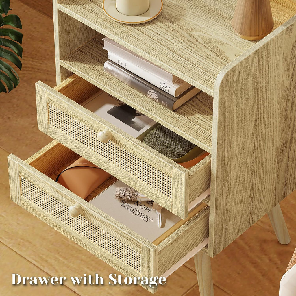 SUPERJARE 2 Drawer Night Stand with Charger Station, Boho Rattan Nightstand Set of 2, 25.2 Inch Tall Bed Side Table with Solid Wood Feet, End Table, Open Storage, Synthetic Rattan, for Dorm, Natural