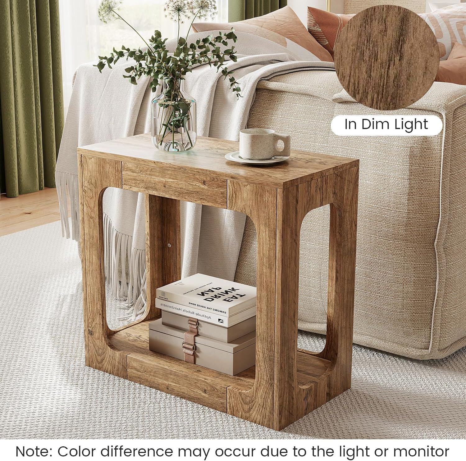 Giantex Narrow End Table Set of 2, 2-Tier Farmhouse Side Table with Open Storage Shelf, Arched Wood Night Stand for Bedroom, Small Accent Furniture for Living Room Small Spaces, Oak