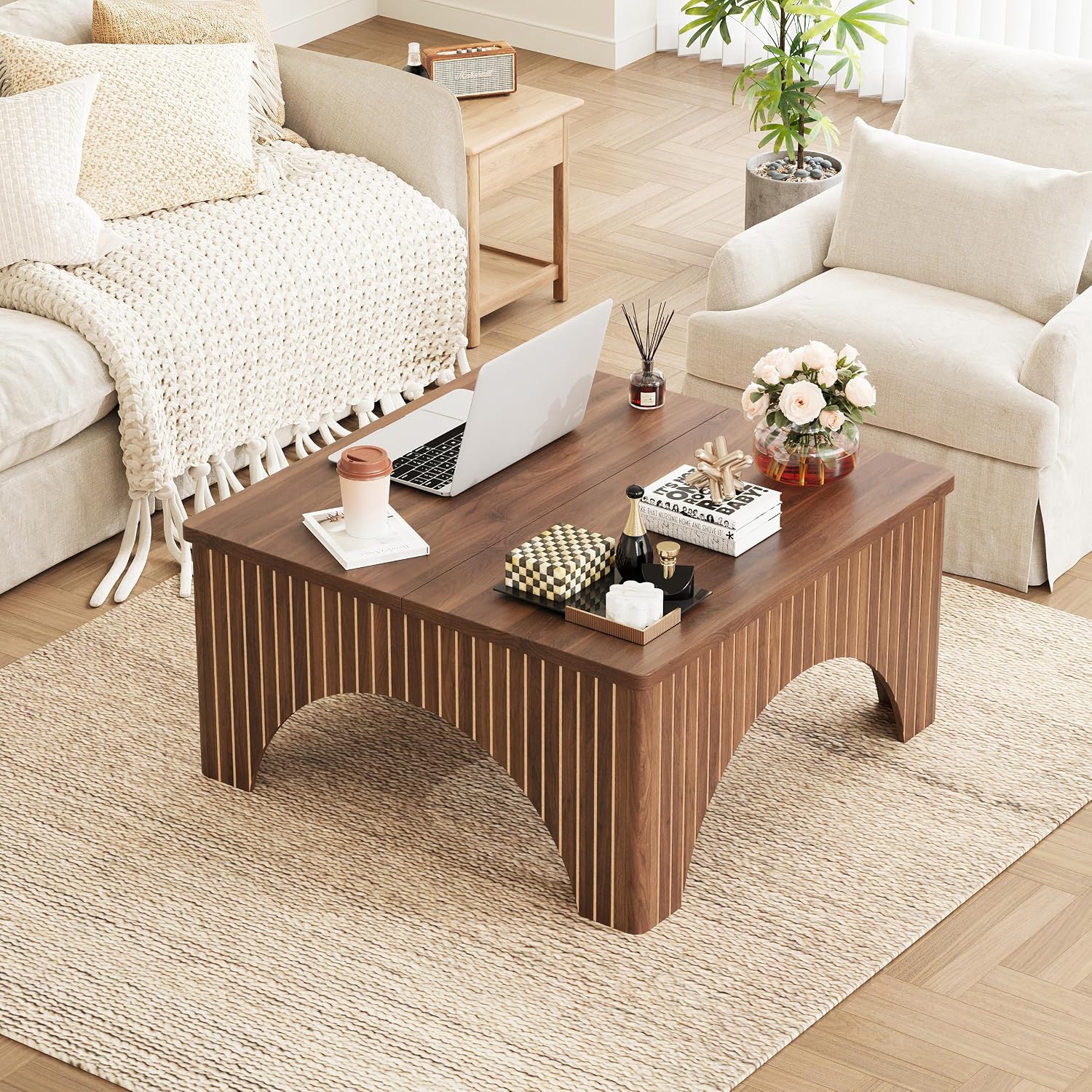 Square Coffee Table, 39'' Large Lift Top Coffee Table with Flip-Top Hidden Compartment Farmhouse Fluted Center Table Wooden Tea Table for Living Room, Apartment, Office (Walnut)