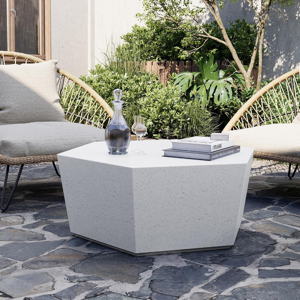 UPHA 35' Hexagon Outdoor Coffee Table, Modern Hollow Concrete Patio Table, Small Minimalist Low Accent Table for Living Room, Balcony, Deck, Backyard, Off-White