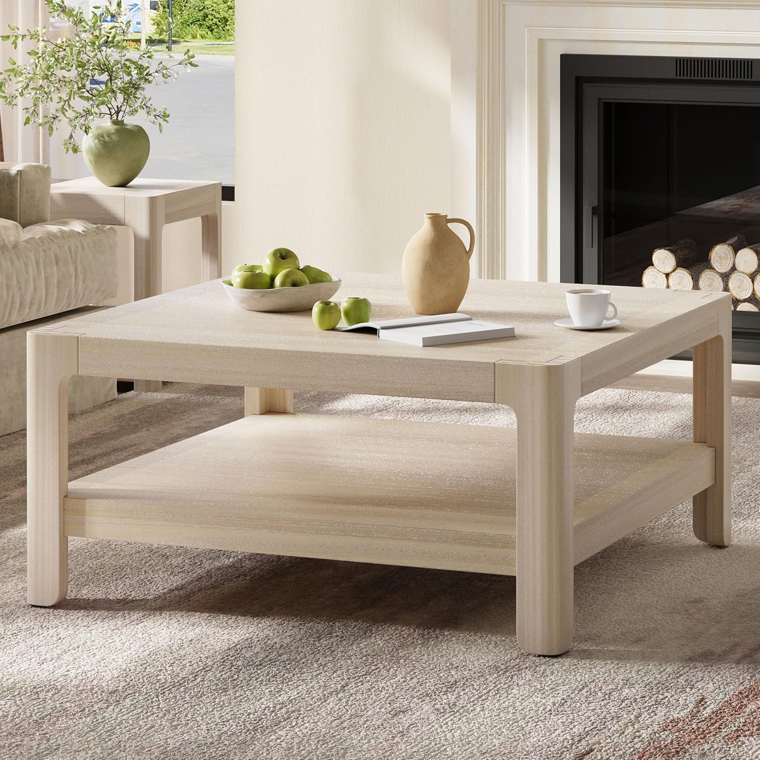 Farmhouse Modern Coffee Table Simple Style Square Cocktail Center Table with Open Shelf for Living Room Furniture, Natural