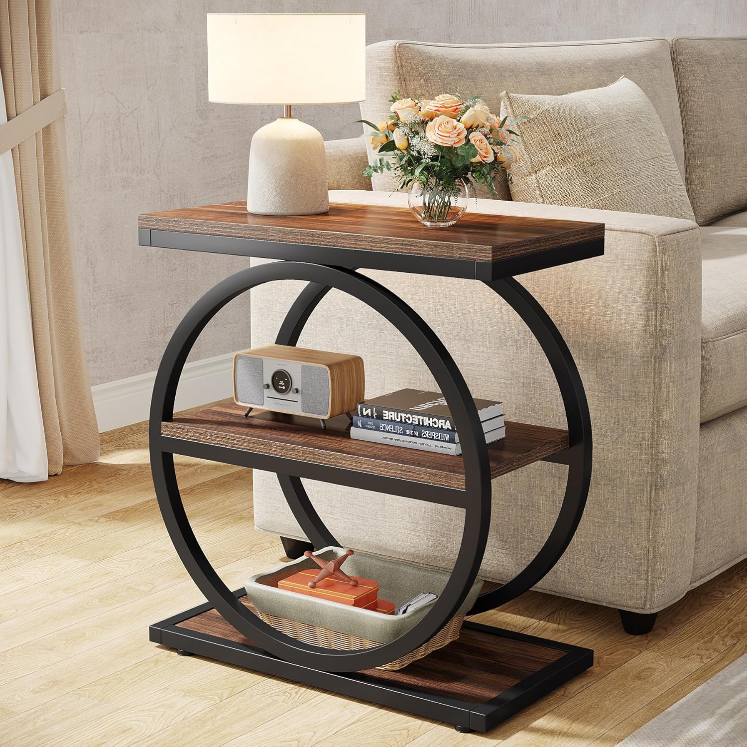 Tribesigns End Table Set of 2, Narrow End Table with 3 Storage Shelves, Wooden Side Table, Industrial Small Sofa Side Table for Living Room, Slim Nightstand and Bedside Table for Bedroom