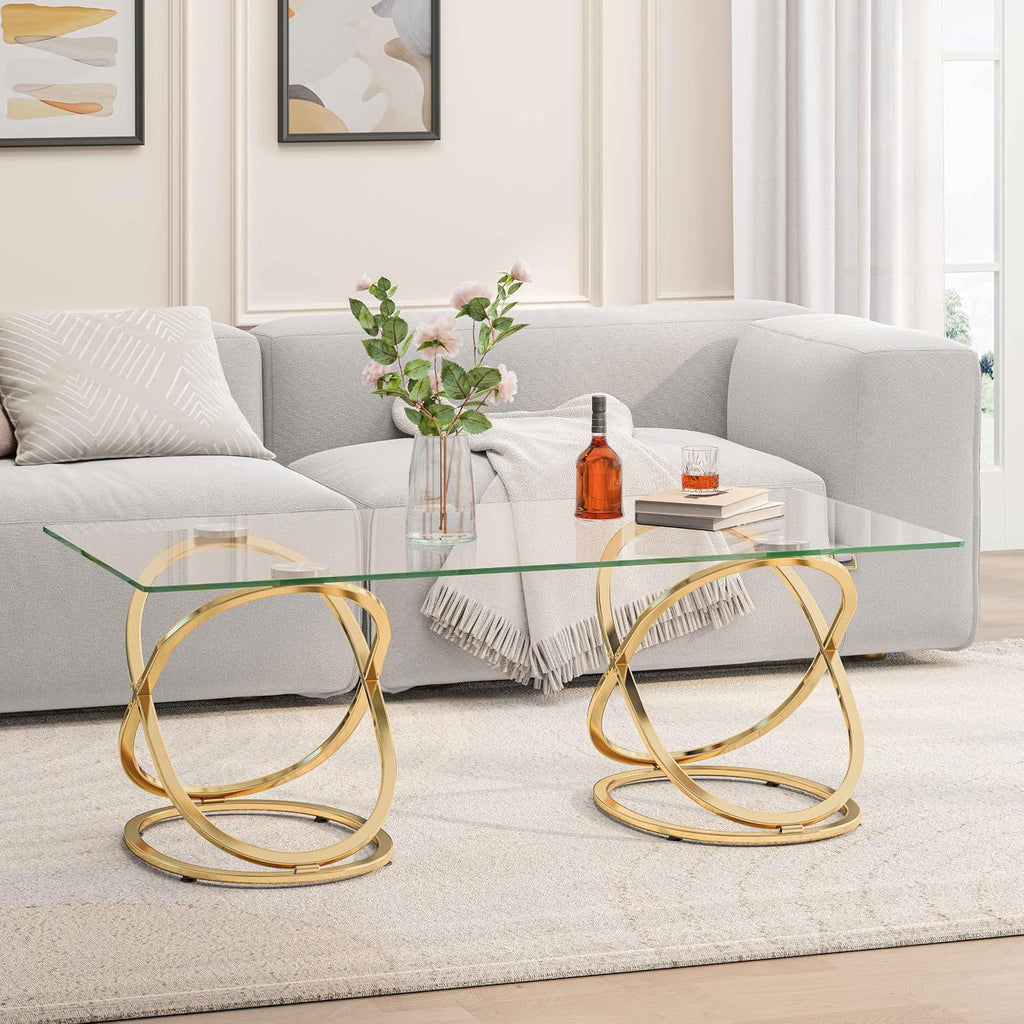 47' Rectangle Coffee Table with Tempered Glass Tabletop, Modern Gold Ring Base, Luxury Living Room Center Table