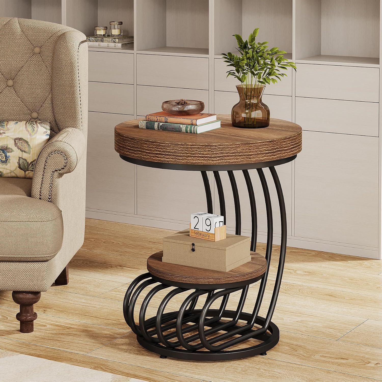 Tribesigns Round End Table, 2-Tier Farmhose Wood Side Table with Shelf Storage, Small Sofa Side Bedside Nightstand, Arc-Shaped Frame Accent Furniture for Living Room, Light Brown