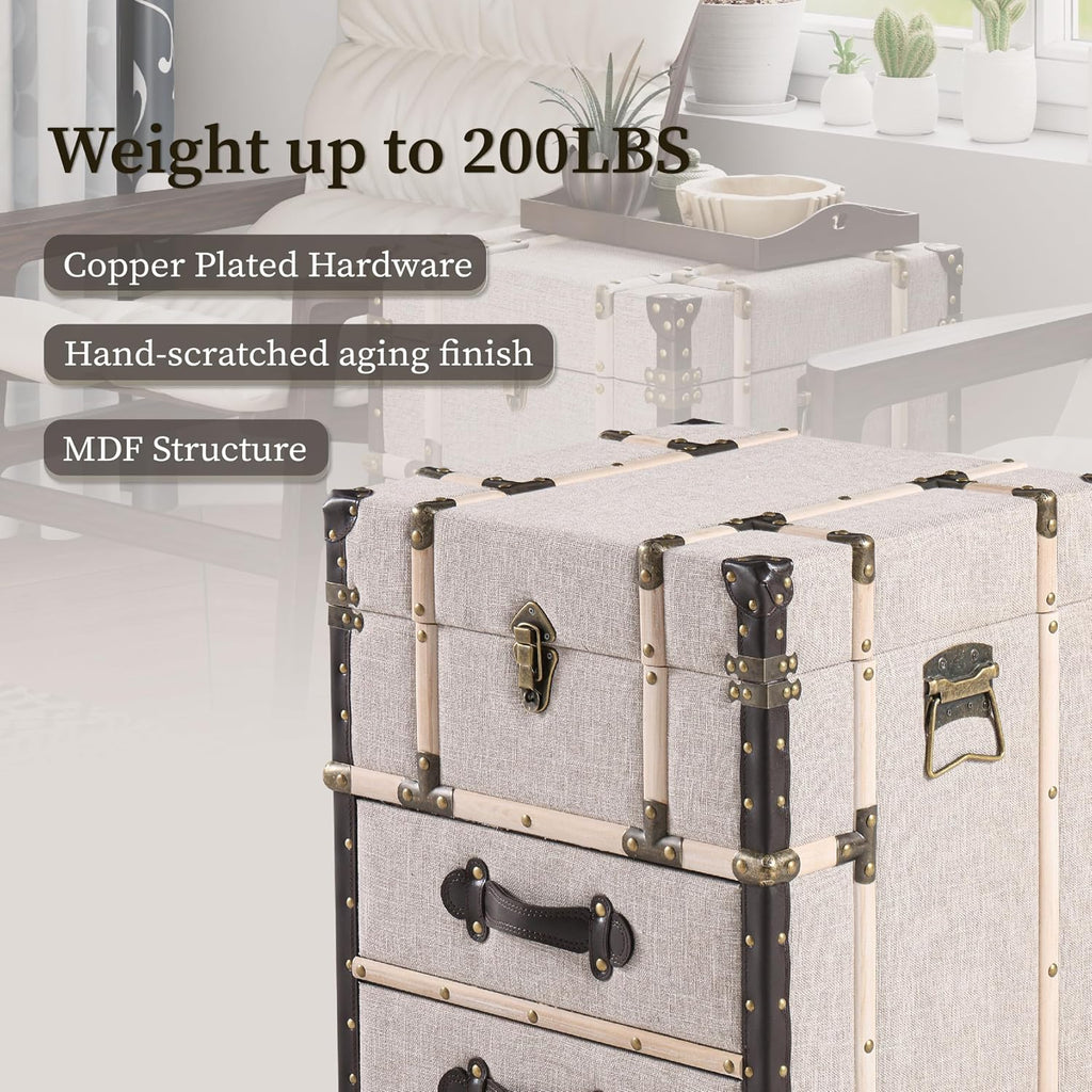 Aoikax Vintage Storage Chest with Buckle Hinged Top, Linen Accent End Side Table for Living Room, Office, Bedroom, Rectangle, Beige