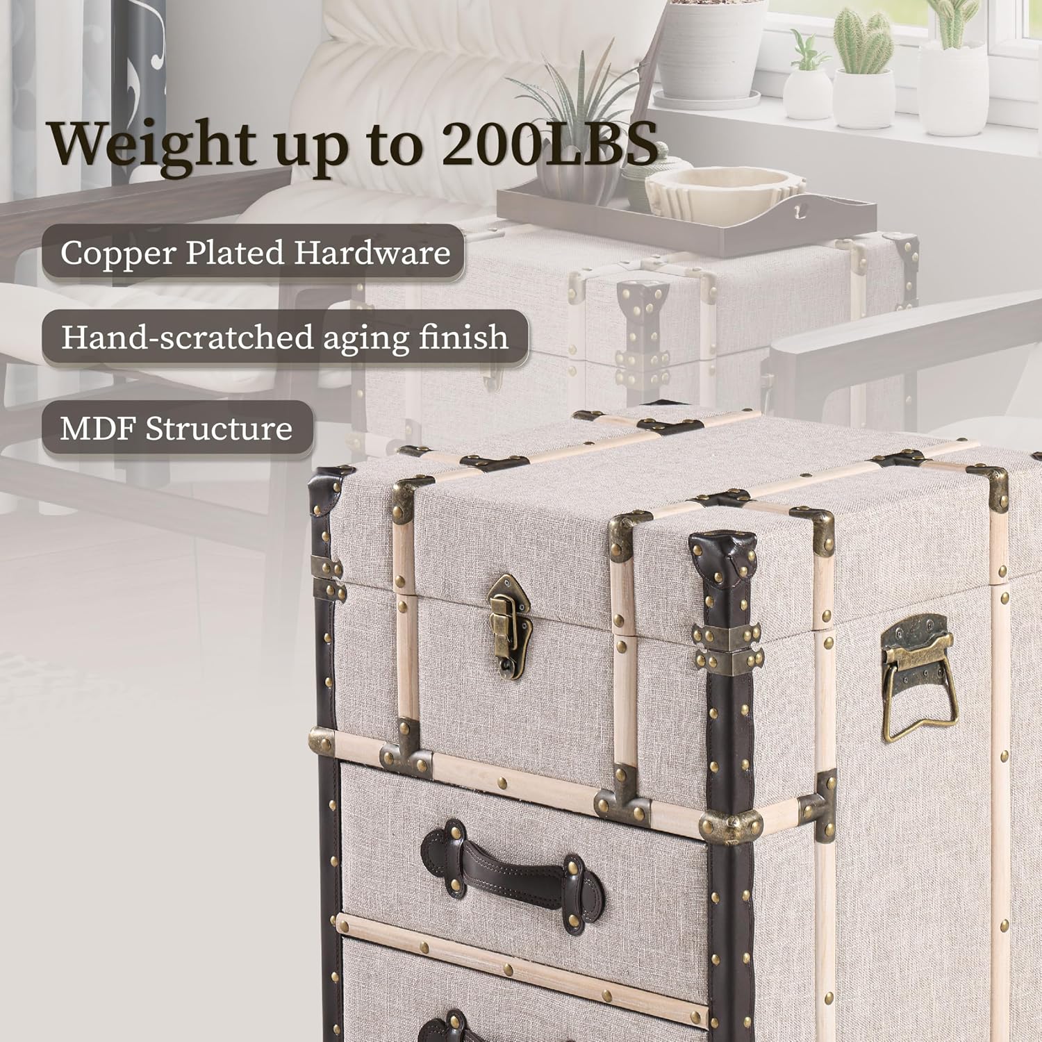 Aoikax Vintage Storage Chest with Buckle Hinged Top, Linen Accent End Side Table for Living Room, Office, Bedroom, Rectangle, Beige