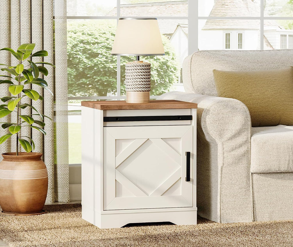 WAMPAT End Table, Pedestal Side Table with Drawer and Cabinet Wood Bedside Table Nightstands for Living Room Bedroom，Cream White