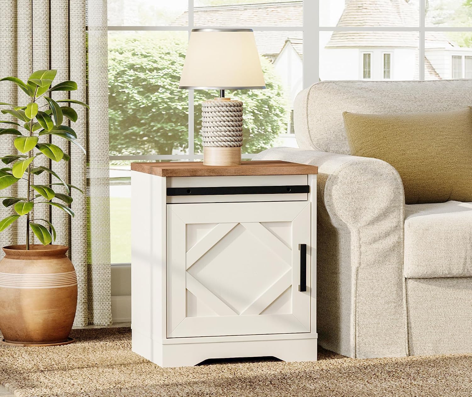 WAMPAT End Table, Pedestal Side Table with Drawer and Cabinet Wood Bedside Table Nightstands for Living Room Bedroom，Cream White