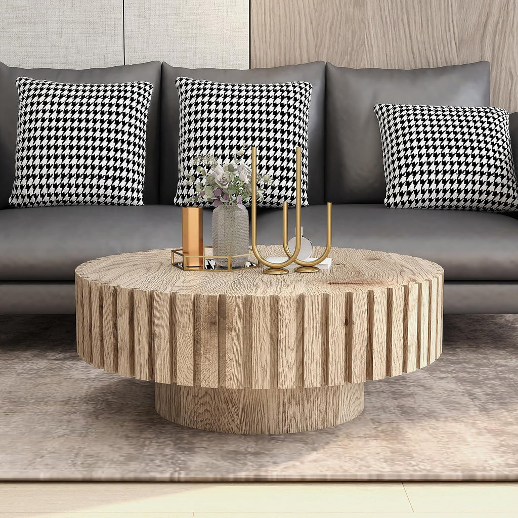 Round Wood Coffee Table for Living Room Modern Rustic Fluted Solid Wood Coffee Table Pedestal Center Table Circle Tea Tables for Apartment Easy Assembly(31.5''Oak Natural)