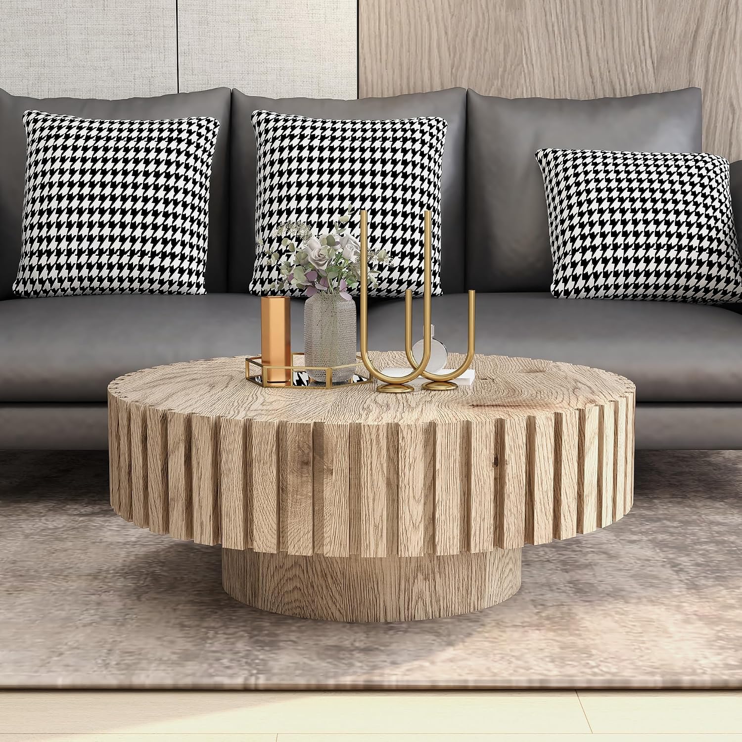 Round Wood Coffee Table for Living Room Modern Rustic Fluted Solid Wood Coffee Table Pedestal Center Table Circle Tea Tables for Apartment Easy Assembly(31.5''Oak Natural)