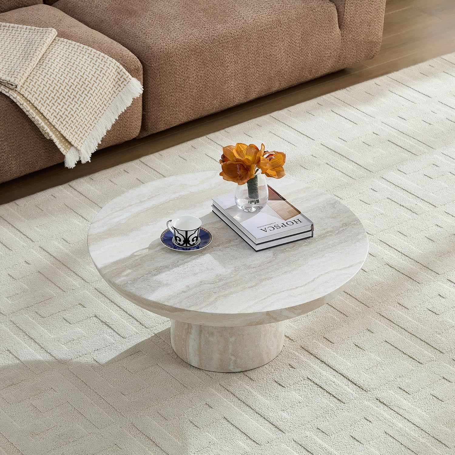 31.5' Round Coffee Table with Round Pedestal, Fiberglass Faux Marble Tabletop for Living Room, Modern Circle Center Table Tea Table for Apartment, Office, Beige Mars Pattern