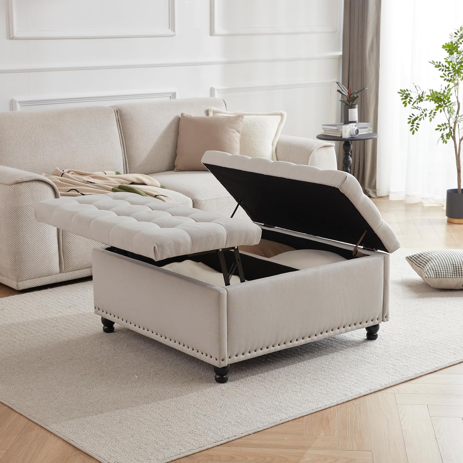 Tbfit Large Square Storage Ottoman Bench, Tufted Upholstered Coffee Table with Lift Top & Solid Wood Legs, Oversized Storage Ottomans Toy Box for Living Room (Beige)
