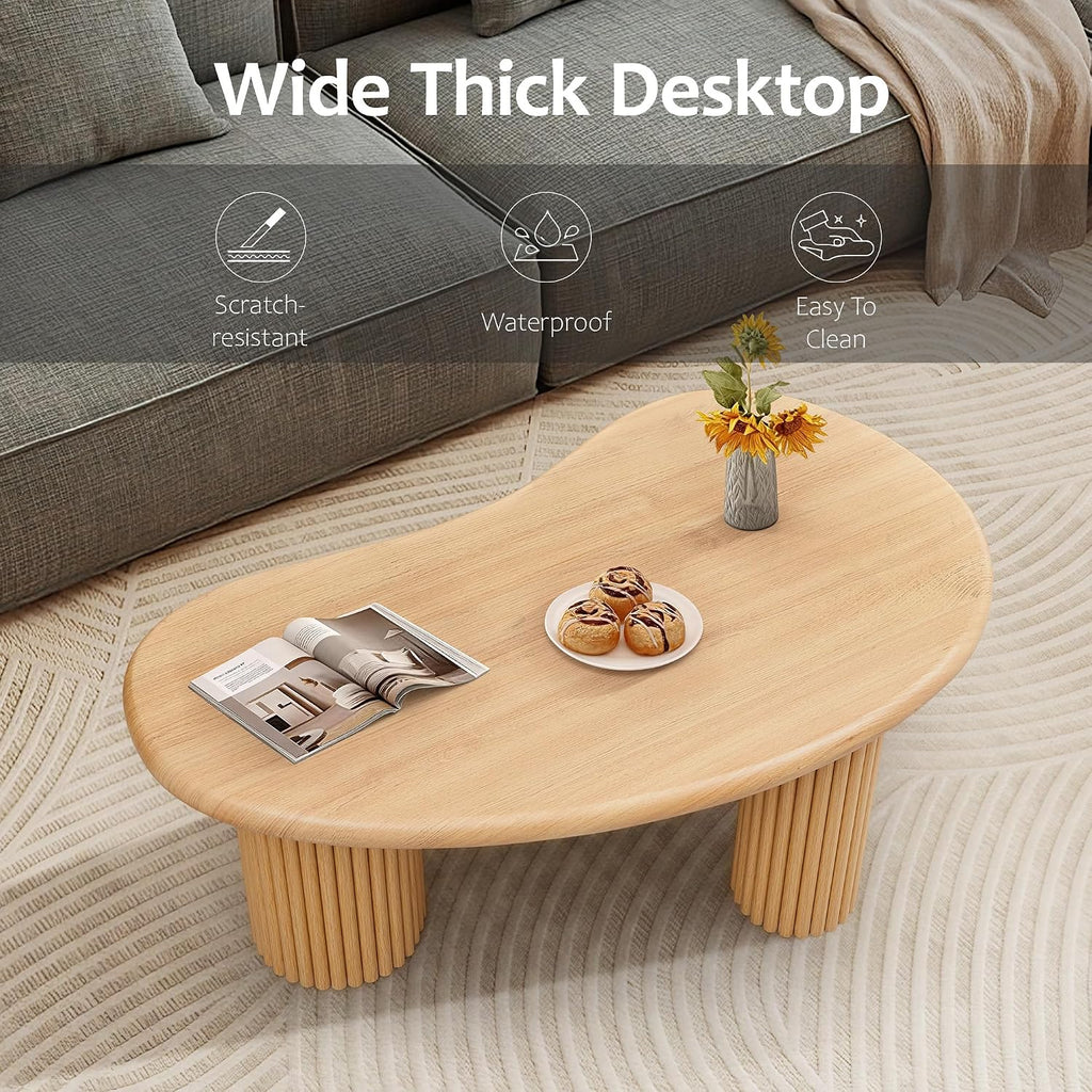 Fluted Coffee Table, 39'' Farmhouse Coffee Tables for Living Room, Low Wood Accent Center Table Small Tea Table with Sturdy Base & Rounded Corners for Small Space Home Office (Natural)