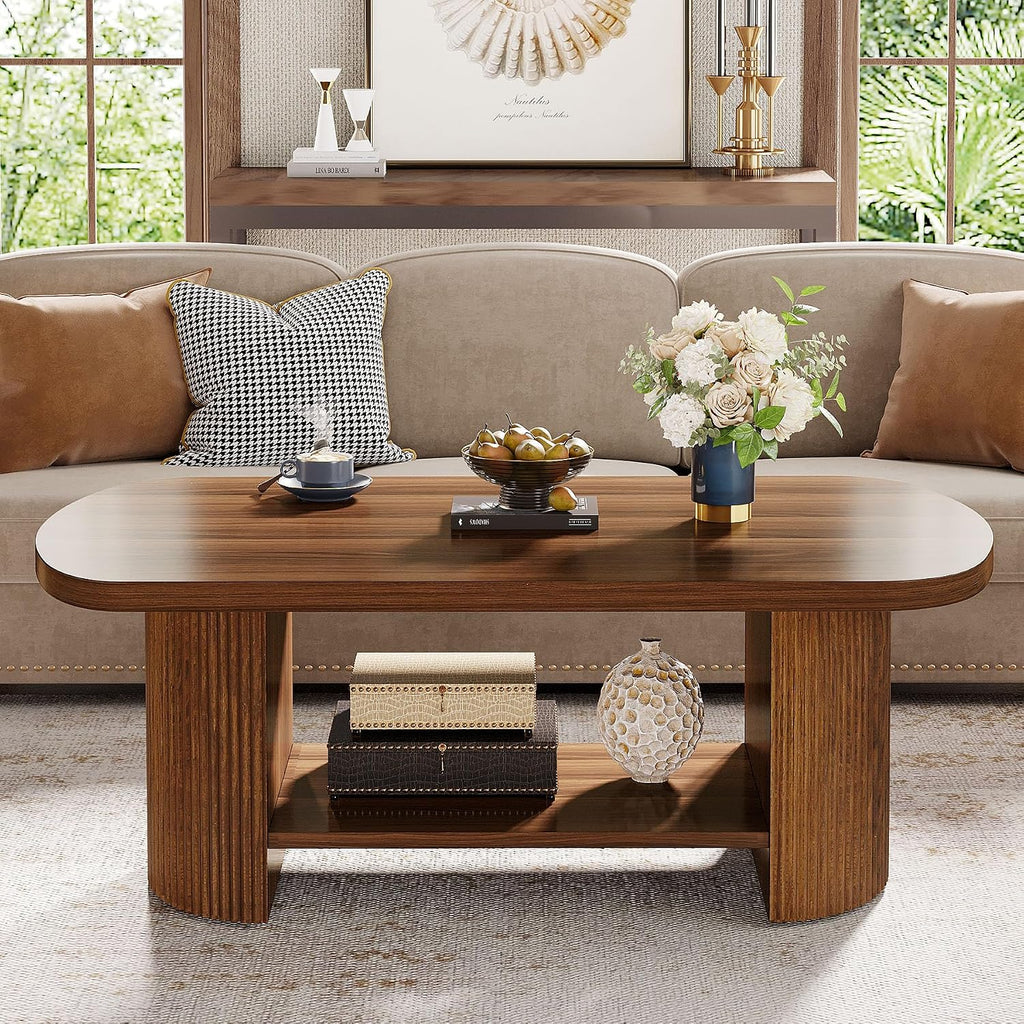Tribesigns Oval Coffee Table, Mid-Century 2-Tier Coffee Table with Storage Shelf, Modern 45.27' Accent Center Table with Wooden Dual Base for Living Room Bedroom Apartment (Rustic Brown)