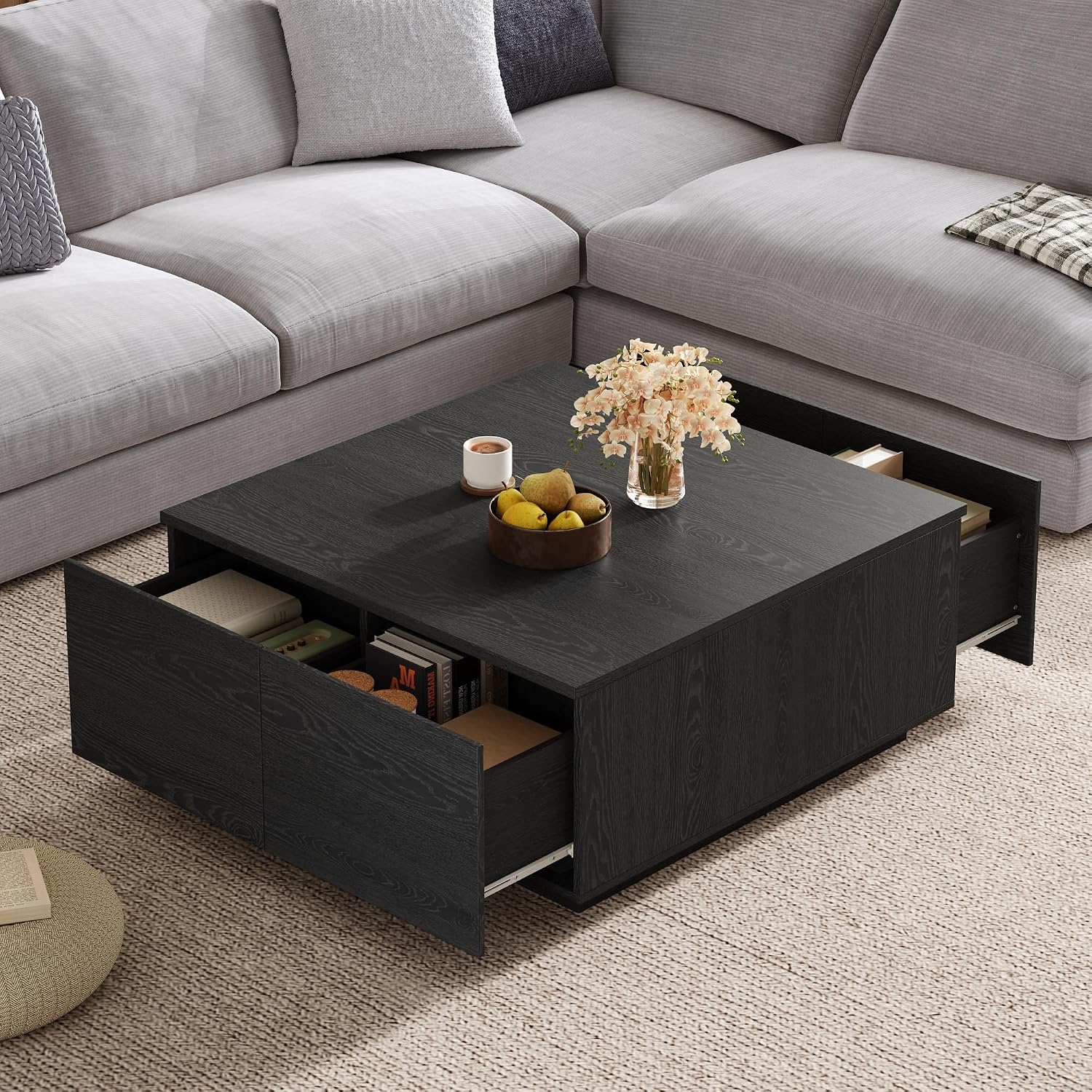 Merax Modern Black Square Coffee Table with 4 Hidden Storage Drawers, 33.25' Minimalist Wood Center Tables for Living Room, Easy Assembly