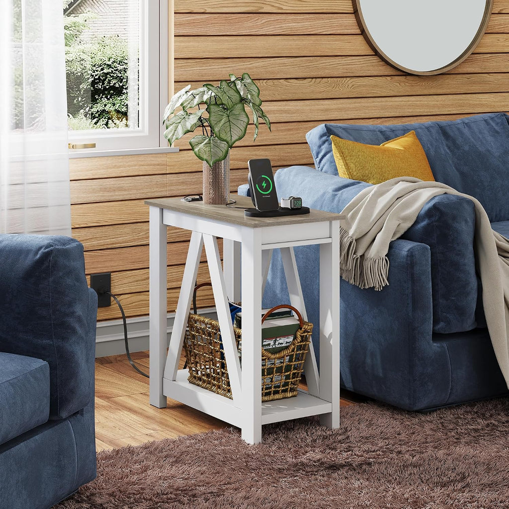 WLIVE End Tables Living Room Set of 2 with Charging Station, Sofa Side Tables with Open Storage Shelf, Slim Farmhouse End Table Sets, Greige