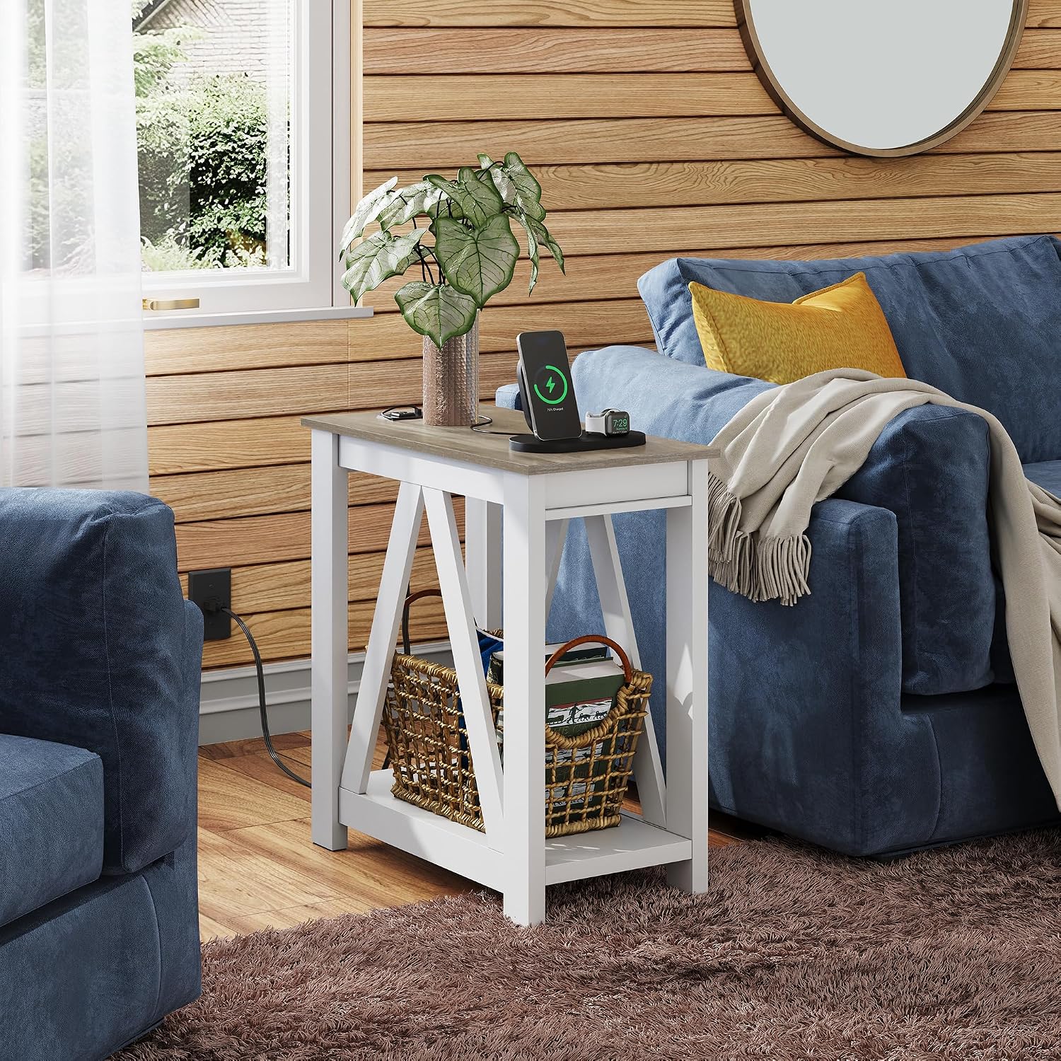 WLIVE End Tables Living Room Set of 2 with Charging Station, Sofa Side Tables with Open Storage Shelf, Slim Farmhouse End Table Sets, Greige