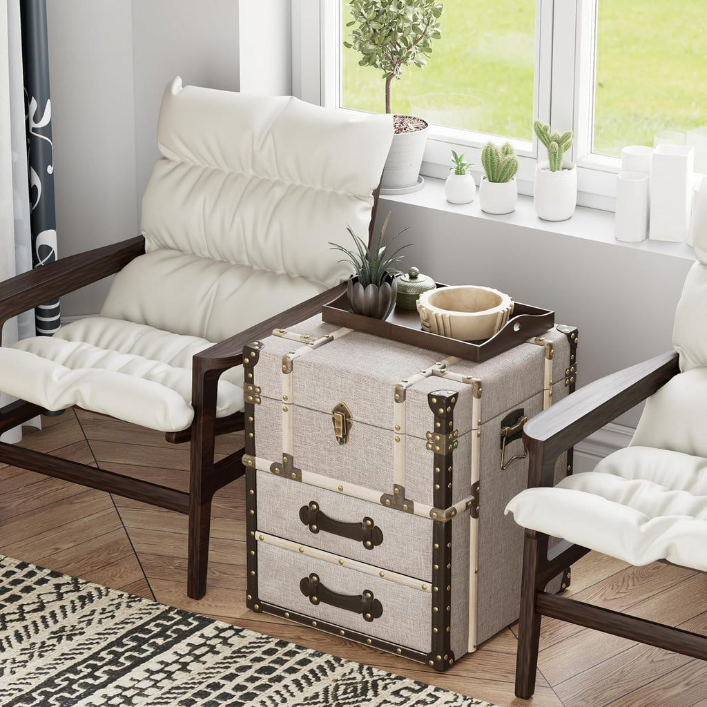 Aoikax Vintage Storage Chest with Buckle Hinged Top, Linen Accent End Side Table for Living Room, Office, Bedroom, Rectangle, Beige
