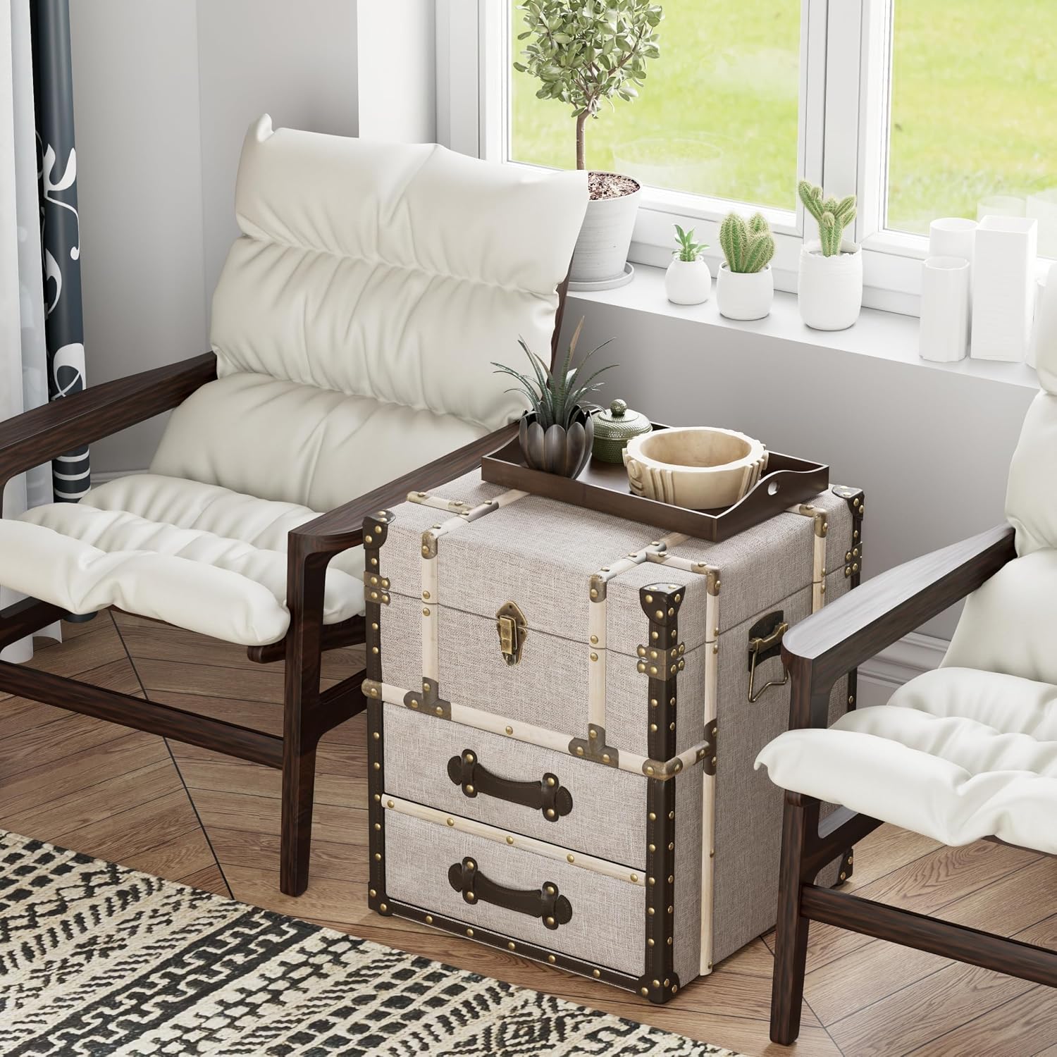 Aoikax Vintage Storage Chest with Buckle Hinged Top, Linen Accent End Side Table for Living Room, Office, Bedroom, Rectangle, Beige