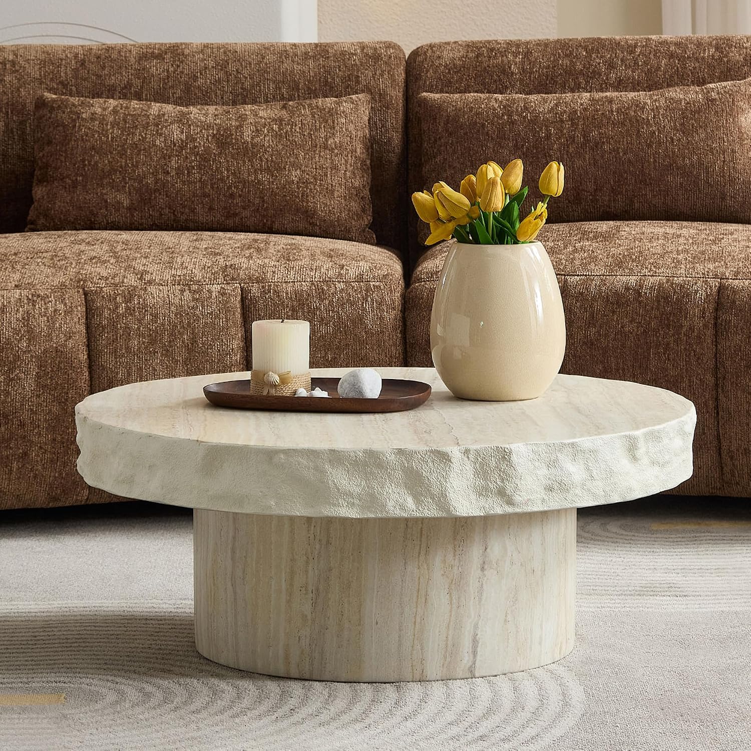 31.69' Round Coffee Table with Round Pedestal, Fiberglass Faux Marble Tabletop for Living Room, Modern Circle Center Table Tea Table for Apartment, Office, Beige Mars Pattern