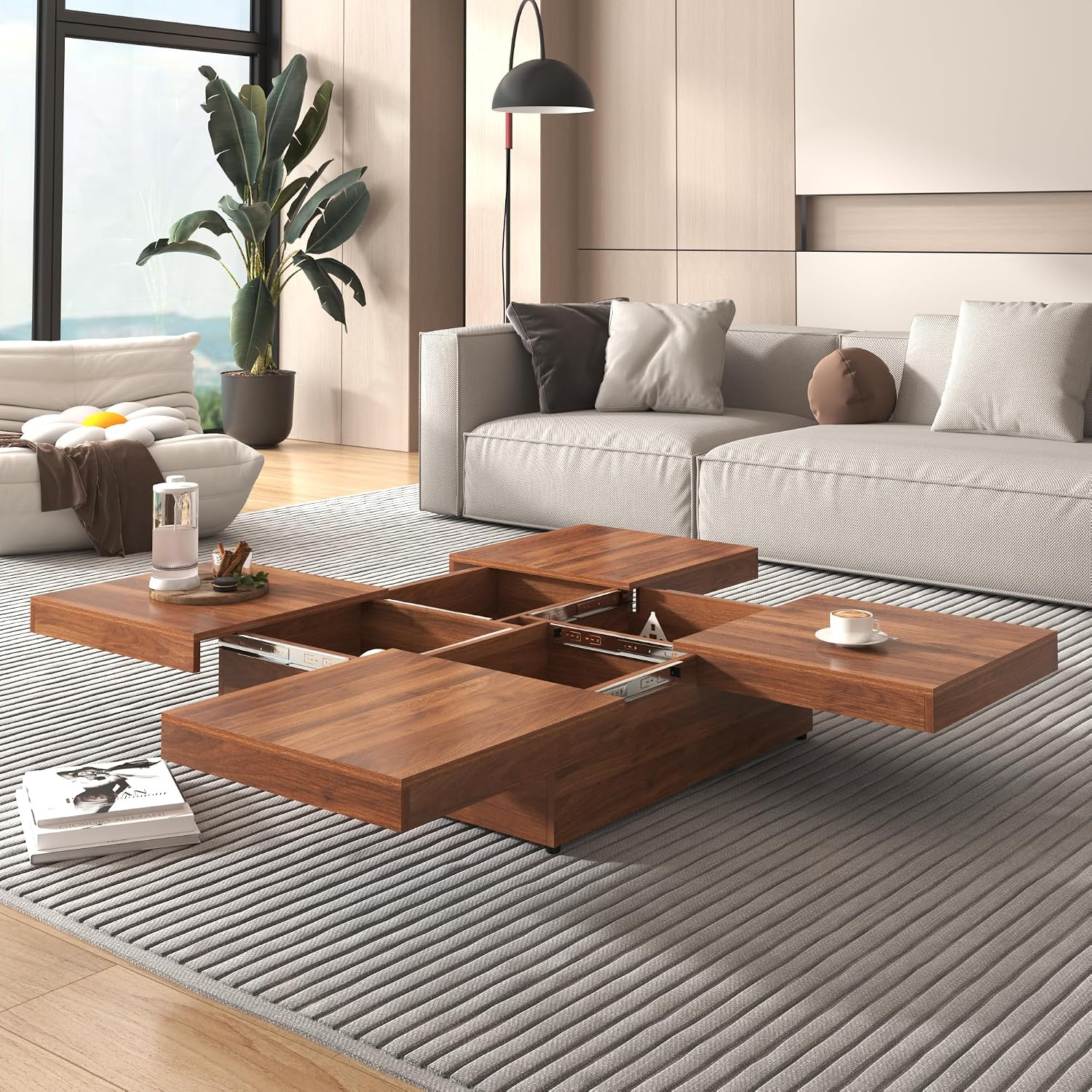 Merax Coffee Table, Modern Extendable Coffee Table with 4 Hidden Storage Compartments, UV High-Gloss Square Center Cocktail Table with Sliding Tabletop for Living Room, 39.4'x 39.4' (Walnut)