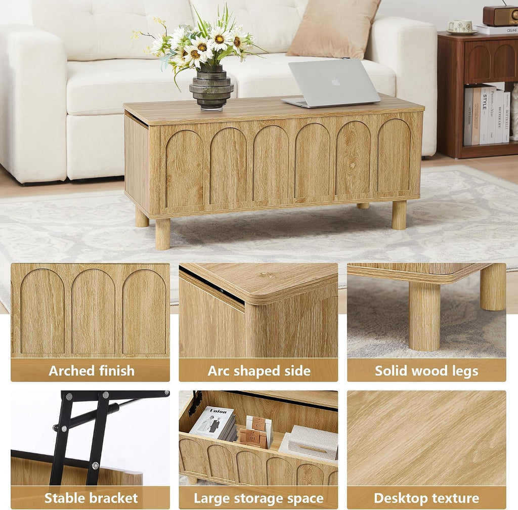 Lift Top Coffee Table with Arched Finish, Modern Coffee Table with Lifting Tabletop & Hidden Storage, Wood Center Table for Living Room,Convenient for Dining, Gaming or Working (Natural)