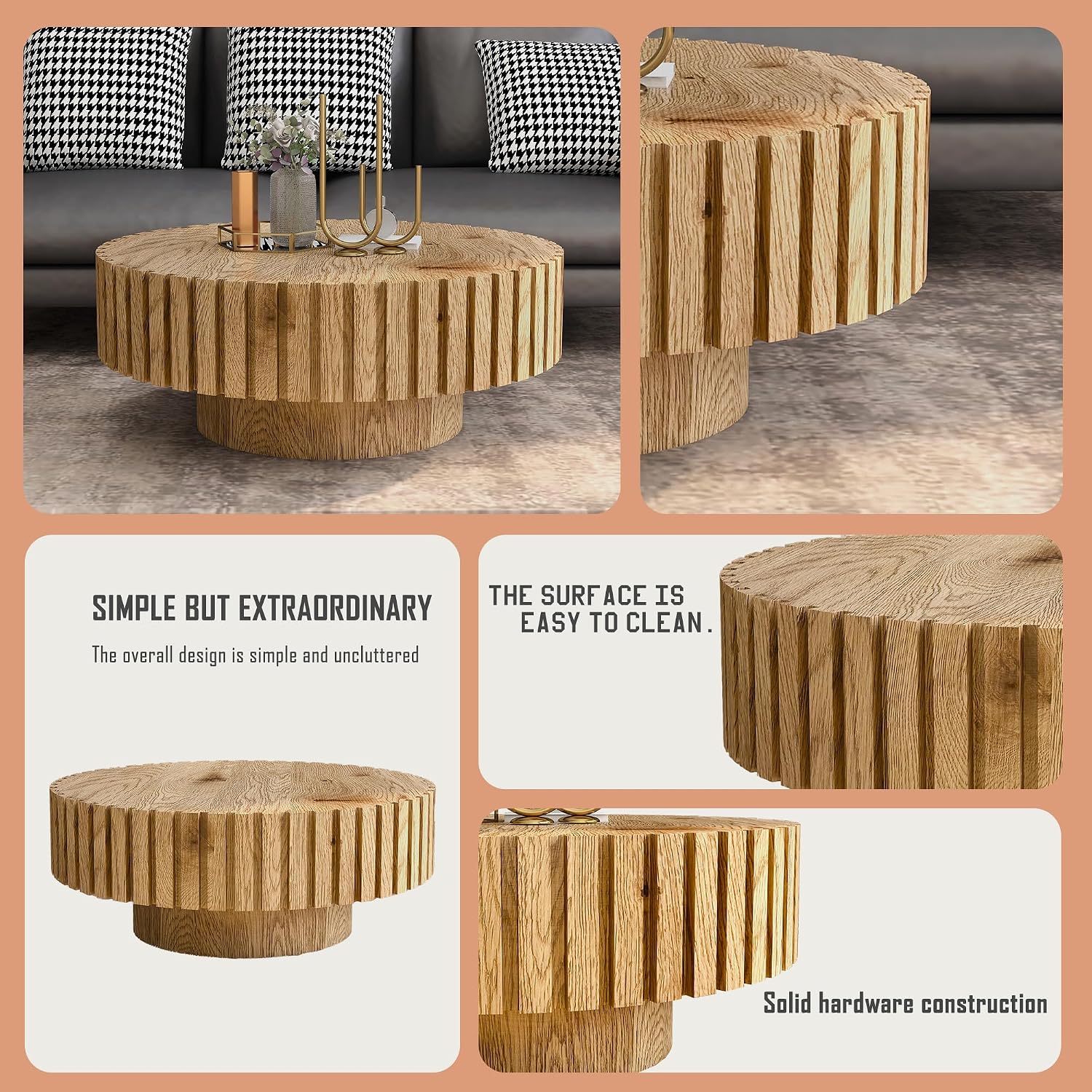 Round Coffee Table for Living Room, 31.5' Circle Wood Center Table with Pedestal for Apartment, Easy Assembly, Natural