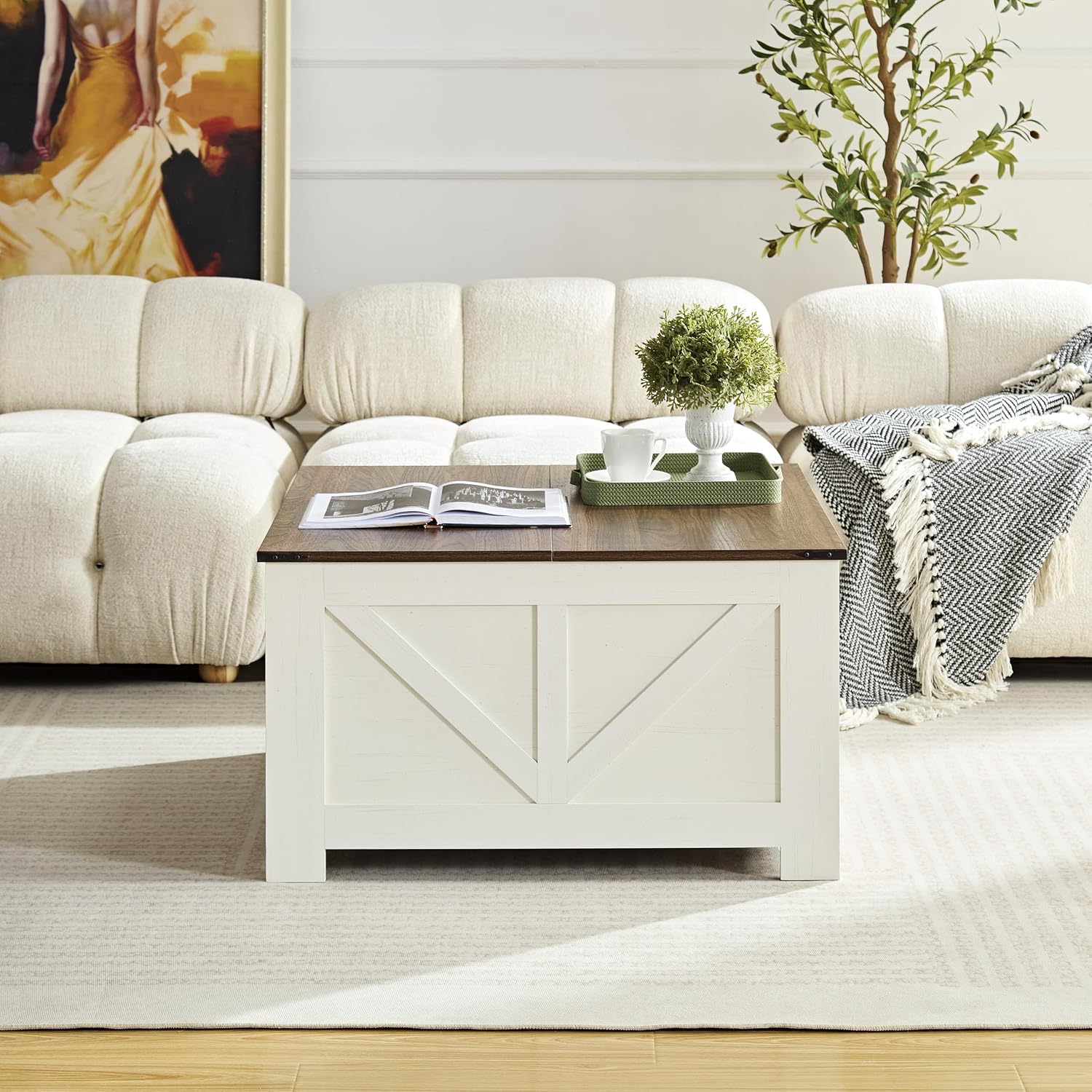OKYCI Farmhouse Coffee Table for Living Room, Wood Square Coffee Tables, 31.5' D x 31.5' W, Antique White