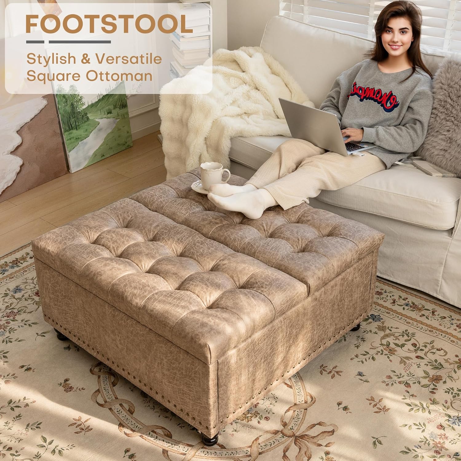 Redlife 35 Inch Large Square Storage Ottoman, Storage Ottoman Coffee Table with Lift Top Faux Leather Ottomans Bench Square Footrest Oversized Upholstered Coffee Table for Living Room (Champagne)