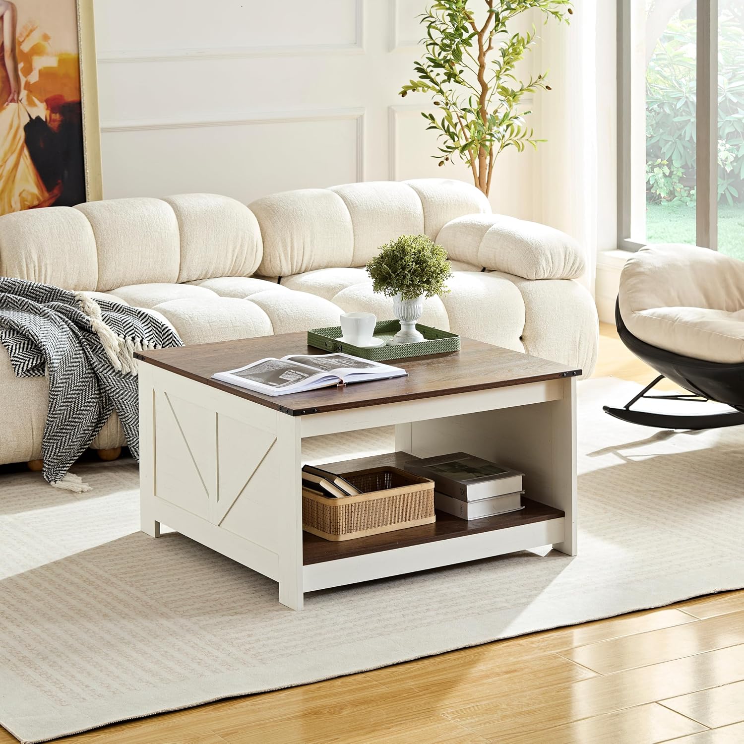 OKYCI Farmhouse Coffee Table for Living Room, Wood Square Coffee Tables, 31.5' D x 31.5' W, Antique White