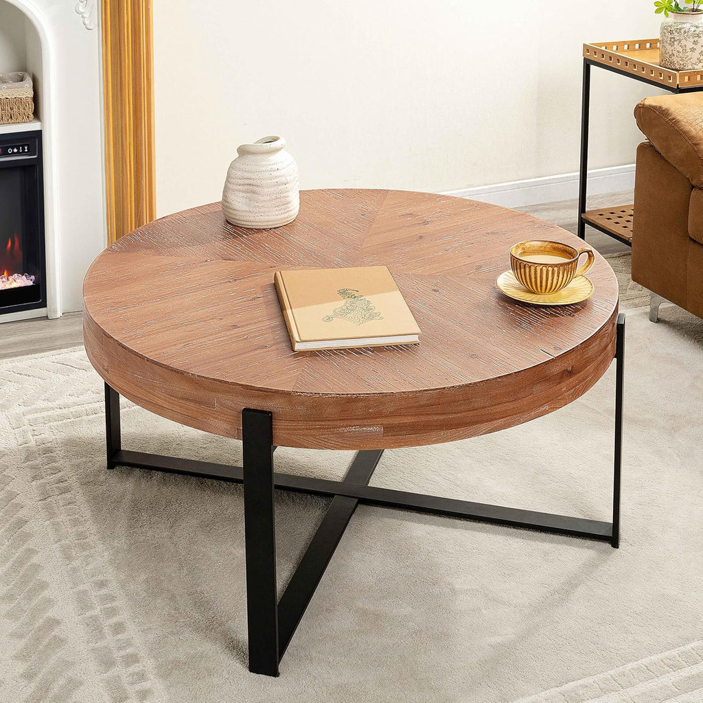 33.86' Round Coffee Table with X-Shaped Black Metal Legs, Solid Wood Circle Table for Living Room, Retro Circular Table, Natural+Black