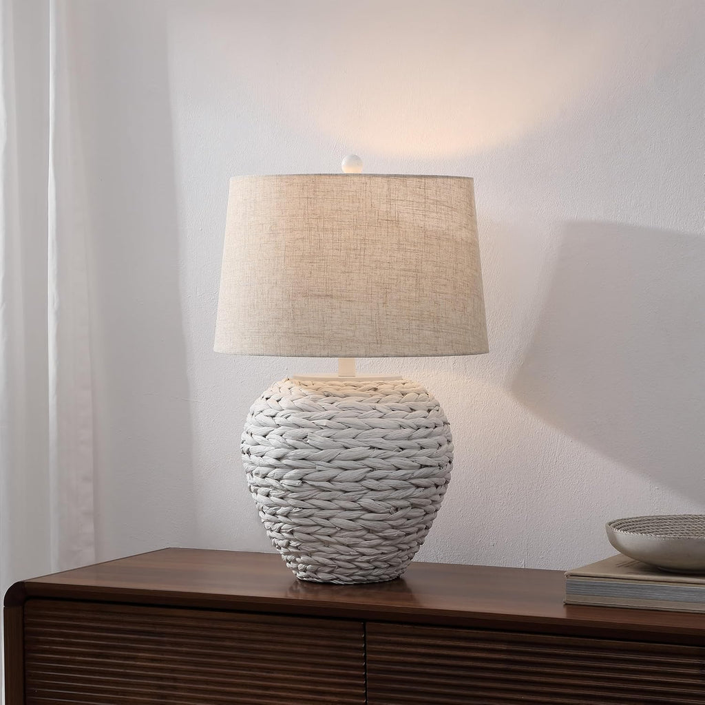 JONATHAN Y 24.5' White Water Hyacinth Farmhouse Basket Table Lamp, Coastal Decor for Living Room Bedroom Nightstand, Light Gray Linen Shade, LED Bulb Included (JYL6501C)